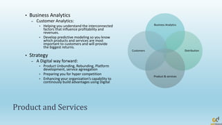 Product and Services
• Business Analytics
– Customer Analytics:
• Helping you understand the interconnected
factors that influence profitability and
revenues.
• Develop predictive modeling so you know
which products and services are most
important to customers and will provide
the biggest returns.
• Strategy
– A Digital way forward:
• Product Unbunding, Rebunding, Platform
development, service agreegation
• Preparing you for hyper competition
• Enhancing your organization’s capability to
continously build advantages using Digital
Business Analytics
Distribution
Product & services
Customers
 