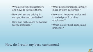 How do I retain my best customers?
• Who are my ideal customers
and how do I attract them?
• How do I ensure pricing is
competitive and profitable?
• How do I make more customers
highly profitable?
• What products/services attract
mass affluent customers?
• How can I improve service and
knowledge of front-line
employees?
• Which are my best performing
branches?
 