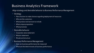 Business Analytics Framework
Align strategy and desirable behavior to Business Performance Management
• Strategy
• Plan of action to make choices regarding deployment of resources
• Who are the customers
• What product and services to include
• What unique proposition
• What processes
• Desirable behavior
• Corporate value statement
• Mission statement
• Rituals and structure
• Business Performance Management
• How can business performance be measured
• What are the determinants of business performance
6
 