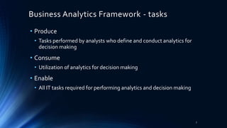 Business Analytics Framework - tasks
• Produce
• Tasks performed by analysts who define and conduct analytics for
decision making
• Consume
• Utilization of analytics for decision making
• Enable
• All IT tasks required for performing analytics and decision making
7
 