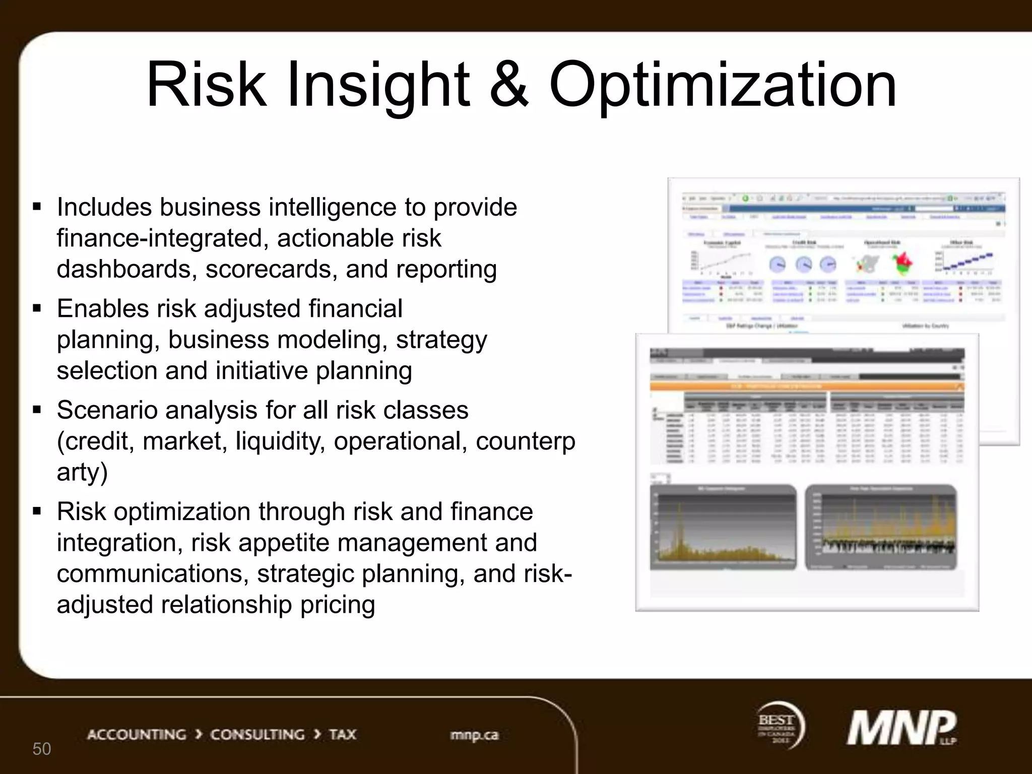 Risk Insight & Optimization
 Includes business intelligence to provide
finance-integrated, actionable risk
dashboards, scorecards, and reporting
 Enables risk adjusted financial
planning, business modeling, strategy
selection and initiative planning
 Scenario analysis for all risk classes
(credit, market, liquidity, operational, counterp
arty)
 Risk optimization through risk and finance
integration, risk appetite management and
communications, strategic planning, and riskadjusted relationship pricing

50

 