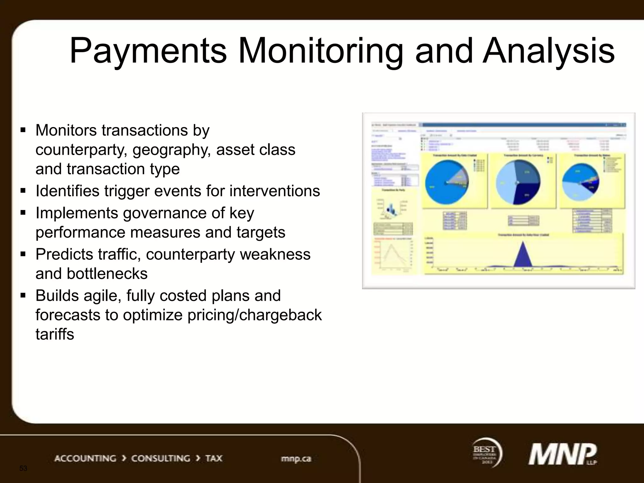 Payments Monitoring and Analysis
 Monitors transactions by
counterparty, geography, asset class
and transaction type
 Identifies trigger events for interventions
 Implements governance of key
performance measures and targets
 Predicts traffic, counterparty weakness
and bottlenecks
 Builds agile, fully costed plans and
forecasts to optimize pricing/chargeback
tariffs

53

 