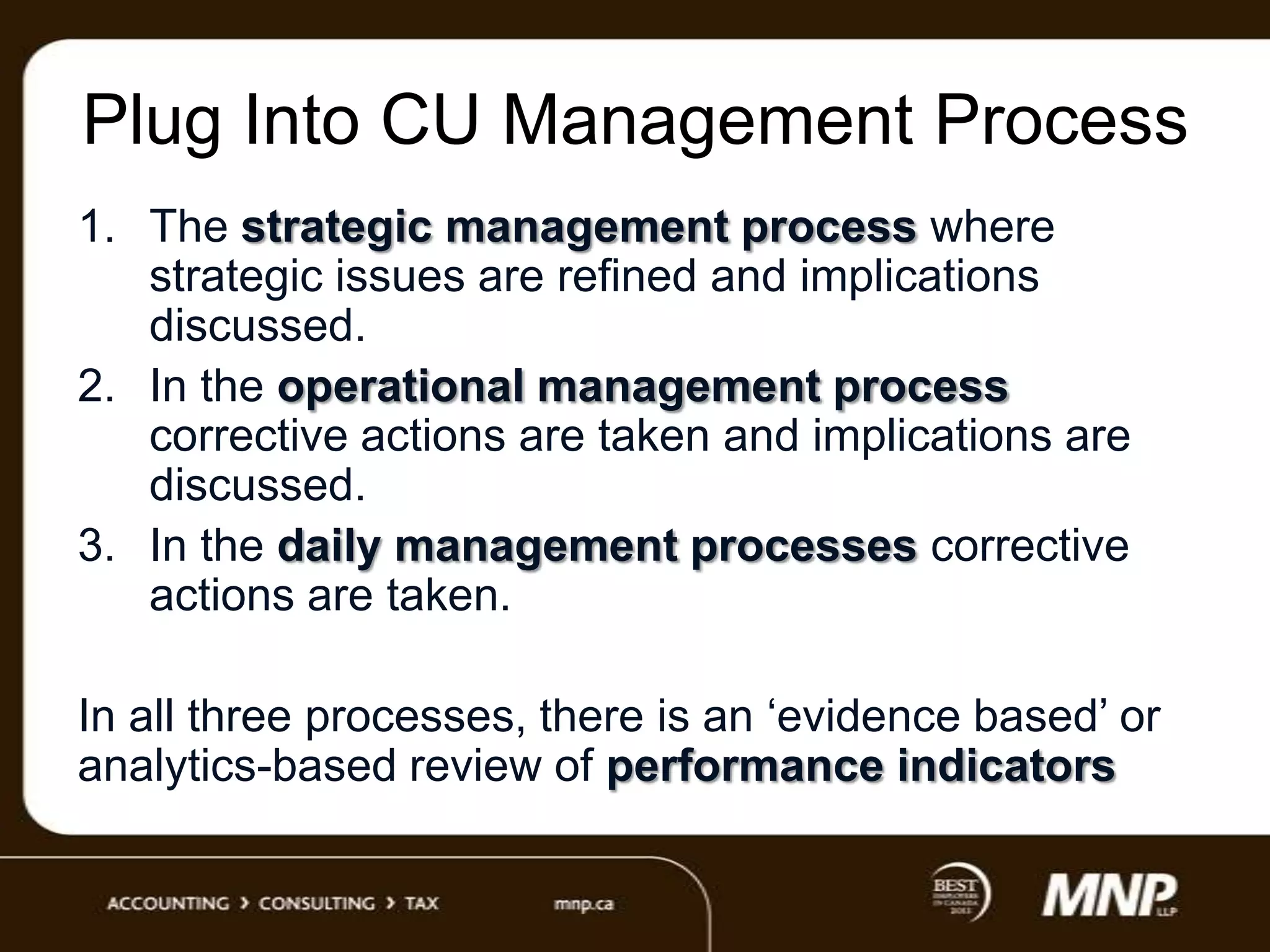 Plug Into CU Management Process
1. The strategic management process where
strategic issues are refined and implications
discussed.
2. In the operational management process
corrective actions are taken and implications are
discussed.
3. In the daily management processes corrective
actions are taken.
In all three processes, there is an „evidence based‟ or
analytics-based review of performance indicators

 