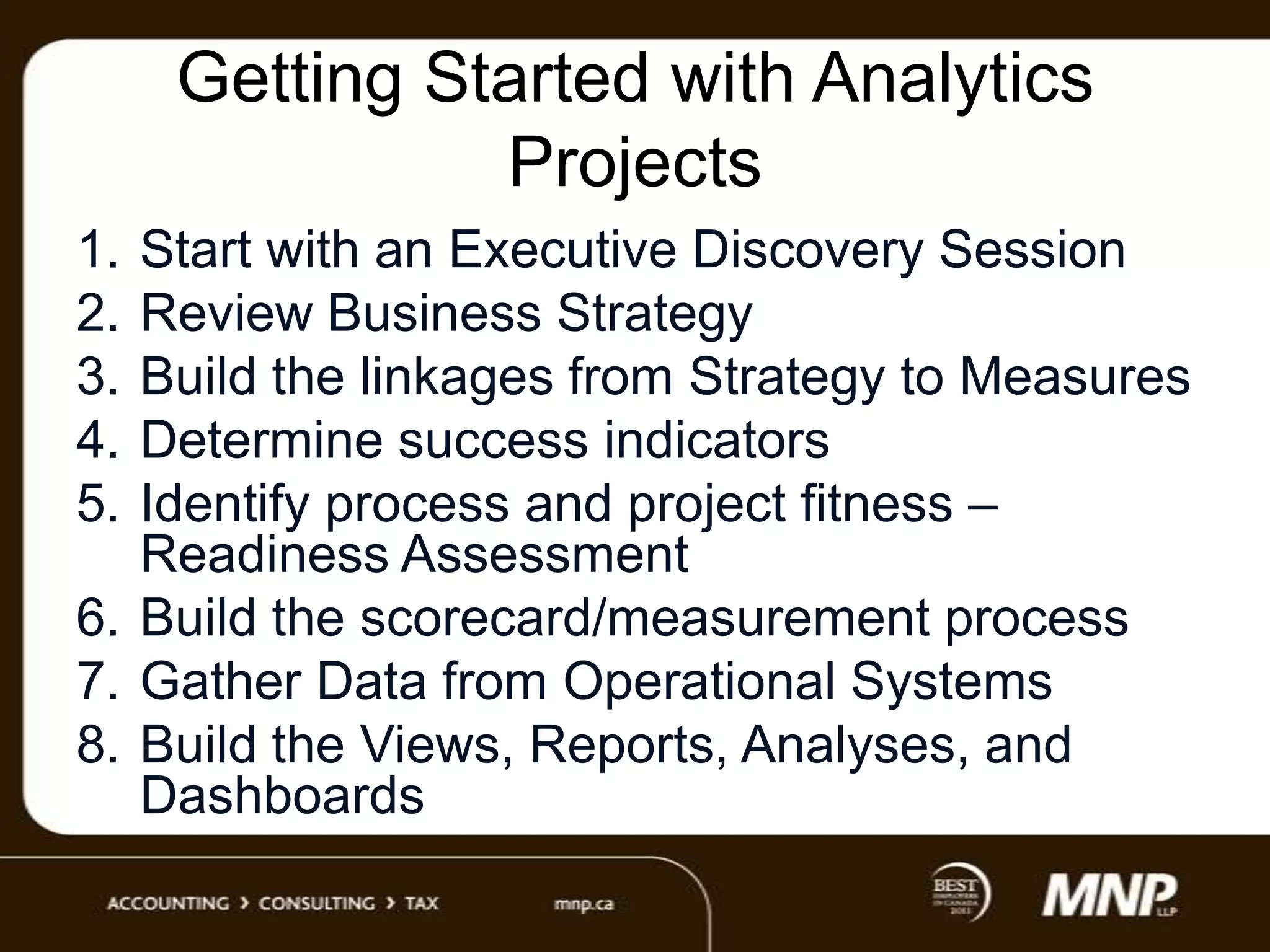 Getting Started with Analytics
Projects
1.
2.
3.
4.
5.

Start with an Executive Discovery Session
Review Business Strategy
Build the linkages from Strategy to Measures
Determine success indicators
Identify process and project fitness –
Readiness Assessment
6. Build the scorecard/measurement process
7. Gather Data from Operational Systems
8. Build the Views, Reports, Analyses, and
Dashboards

 