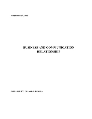 SEPTEMBER 9, 2016
BUSINESS AND COMMUNICATION
RELATIONSHIP
PREPARED BY: ORLAND A. BENEGA
 