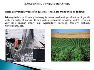 CLASSIFICATION / TYPES OF INDUSTRIES
There are various types of industries. These are mentioned as follows:-
Primary Industry: Primary industry is concerned with production of goods
with the help of nature. It is a nature-oriented industry, which requires
very little human effort. e.g. Agriculture, farming, forestry, fishing,
horticulture, etc.
 