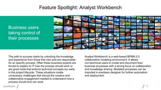 The path to success starts by unlocking the knowledge
and experience from those that own and are responsible
for an specific process. Often these business experts are
forced to explain to IT how the process should work or
are given tools that enforce technical concepts too early
in the project lifecycle. These situations create
unnecesary challenges that disrupt the creative and
collaborative engagement needed to understand how a
process should and can work.
Analyst Workbench is a web-based BPMN 2.0
collaborative modeling environment. It allows
non-technical users to model and document their
business processes with a strong focus on collaboration
and knowledge sharing. Modeled processes can be
imported in everteam.designer for further automation
and deployment.
Business users
taking control of
their processes
Feature Spotlight: Analyst Workbench
17
 