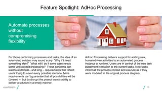 For those performing processes and tasks, the idea of an
automated solution may sound scary. "Why if I need
something else?" "What will I do if some case needs
some unexpected processing?" These concerns can
lead to additional-- and long -- requirements that reflect
users trying to cover every possible scenario. More
requirements can’t guarantee that all possibilities will be
covered -- but do disrupt the project team’s ability to
deliver a solution in a timely manner.
Adhoc Processing delivers support for adding new,
human-driven activities to an automated process
instance at runtime. Users are in control of the new task
placement in relation to the current tasks. New tasks
inherit all the process context and execute as if they
were modeled in the original process diagram.
Automate processes
without
compromising
flexibility
Feature Spotlight: AdHoc Processing
19
 
