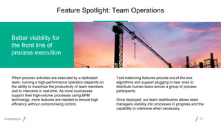 When process activities are executed by a dedicated
team, running a high-performance operation depends on
the ability to maximize the productivity of team members
and to intervene in real-time. As more businesses
support their high-volume processes using BPM
technology, more features are needed to ensure high
efficiency without compromising control.
Task balancing features provide out-of-the-box
algorithms and support plugging in new ones to
distribute human tasks across a group of process
participants.
Once deployed, our team dashboards allows team
managers visibility into processes in progress and the
capability to intervene when necessary.
Feature Spotlight: Team Operations
21
Better visibility for
the front line of
process execution
 