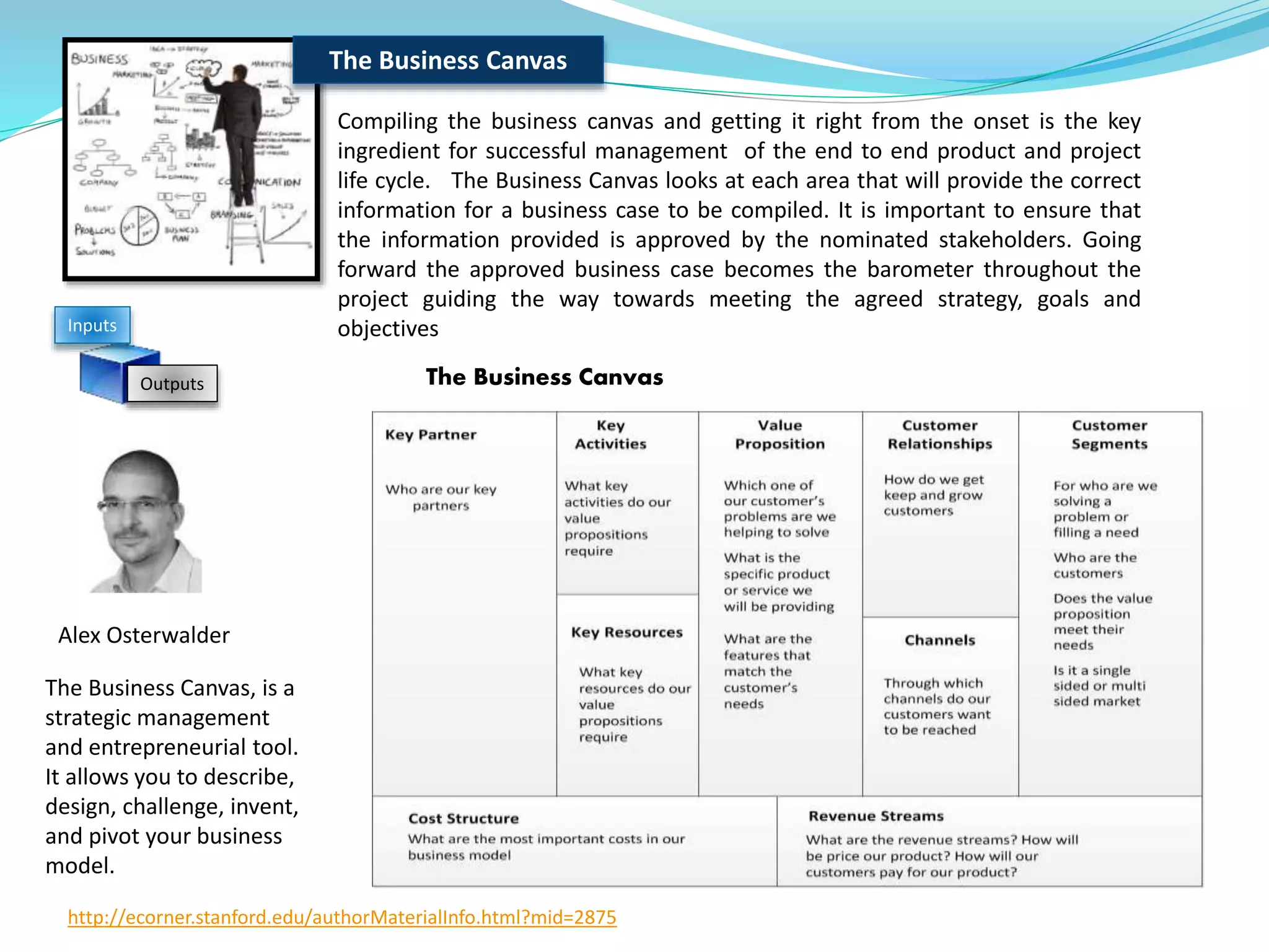 Compiling the business canvas and getting it right from the onset is the key
ingredient for successful management of the end to end product and project
life cycle. The Business Canvas looks at each area that will provide the correct
information for a business case to be compiled. It is important to ensure that
the information provided is approved by the nominated stakeholders. Going
forward the approved business case becomes the barometer throughout the
project guiding the way towards meeting the agreed strategy, goals and
objectives
The Business Canvas
The Business Canvas
Inputs
Outputs
The Business Canvas, is a
strategic management
and entrepreneurial tool.
It allows you to describe,
design, challenge, invent,
and pivot your business
model.
Alex Osterwalder
http://ecorner.stanford.edu/authorMaterialInfo.html?mid=2875
 