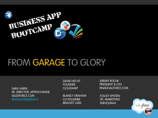 FROM GARAGE TO GLORY
                            DAVID HECHT      JEREMY ROCHE
                            FOUNDER          PRESIDENT & CEO
SARA VARNI                  CLOUDAMP         FINANCIALFORCE.COM
SR. DIRECTOR, APPEXCHANGE
SALESFORCE.COM              BLAKELY GRAHAM   STACEY EPSTEIN
@SARAVARNIBRIGHT            CO-FOUNDER       VP, MARKETING
                            BRACKET LABS     SERVICEMAX
 