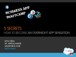 5 SECRETS:
HOW TO BECOME AN OVERNIGHT APP SENSATION

LEYLA SEKA
VP, APPEXCHANGE
SALESFORCE.COM
@LEYLASEKA
 