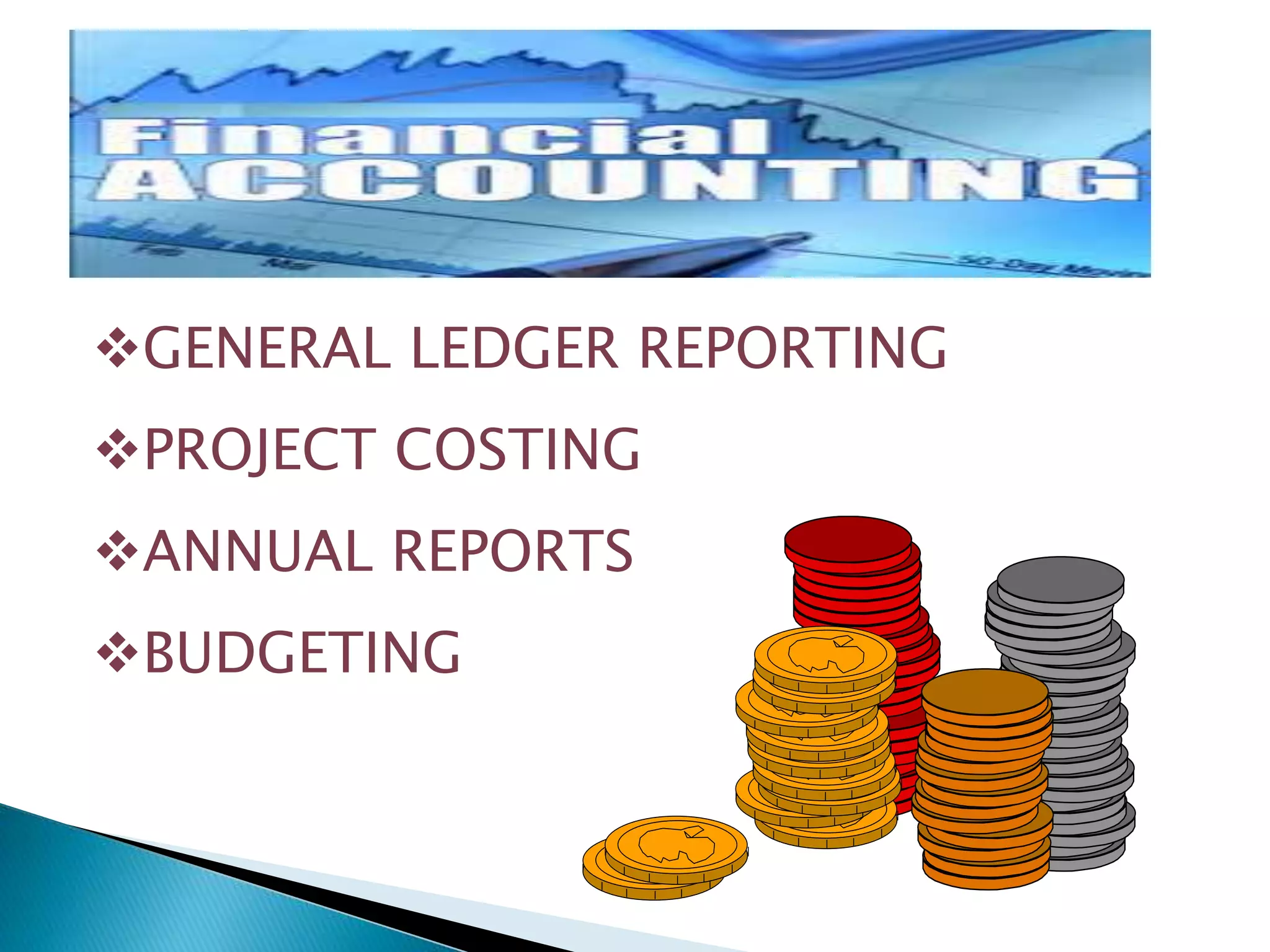 GENERAL LEDGER REPORTING 
PROJECT COSTING 
ANNUAL REPORTS 
BUDGETING 
 