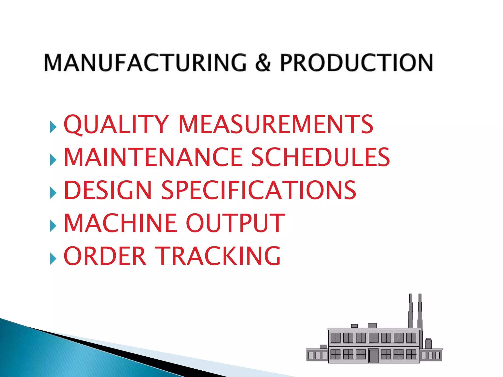  QUALITY MEASUREMENTS 
 MAINTENANCE SCHEDULES 
 DESIGN SPECIFICATIONS 
 MACHINE OUTPUT 
 ORDER TRACKING 
 