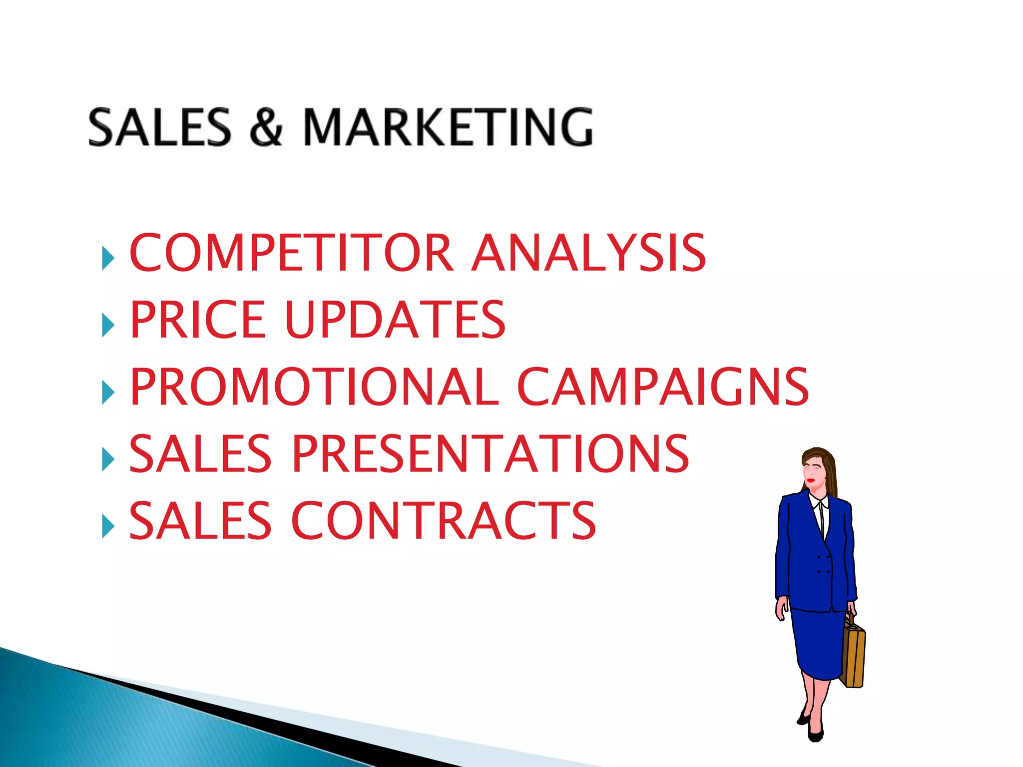  COMPETITOR ANALYSIS 
 PRICE UPDATES 
 PROMOTIONAL CAMPAIGNS 
 SALES PRESENTATIONS 
 SALES CONTRACTS 
 