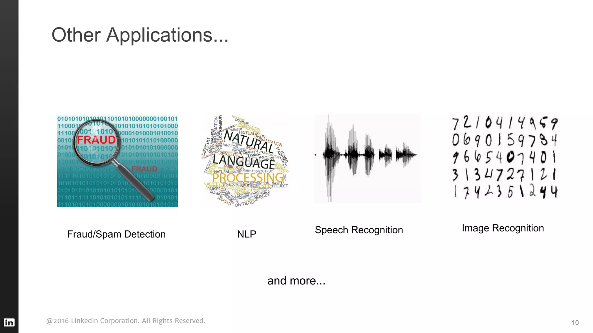 @2016 LinkedIn Corporation. All Rights Reserved. 10
Other Applications...
Image Recognition
Fraud/Spam Detection NLP Speech Recognition
and more...
 
