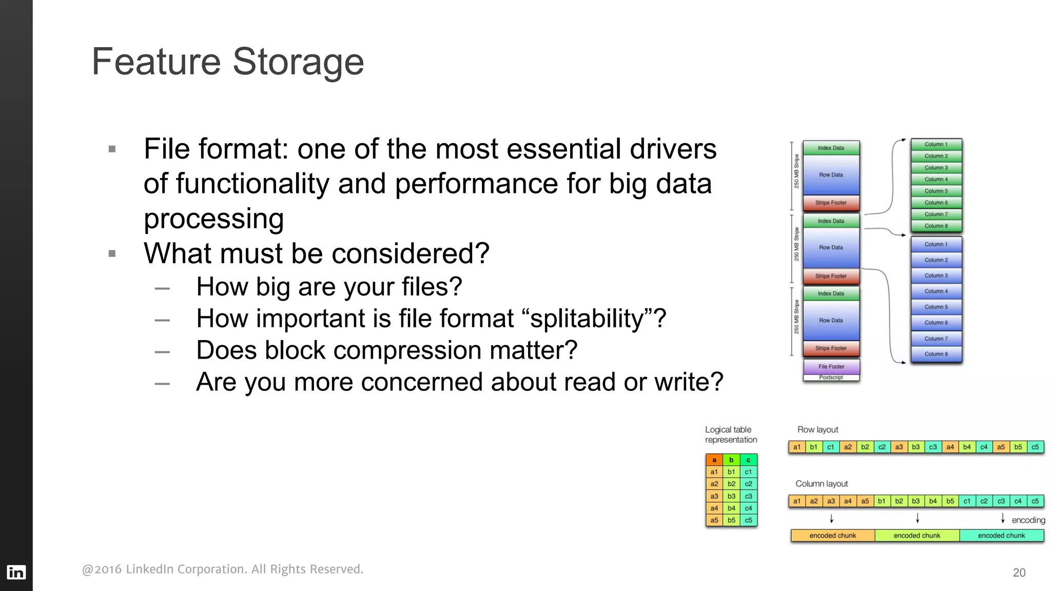@2016 LinkedIn Corporation. All Rights Reserved.
Feature Storage
▪ File format: one of the most essential drivers
of functionality and performance for big data
processing
▪ What must be considered?
– How big are your files?
– How important is file format “splitability”?
– Does block compression matter?
– Are you more concerned about read or write?
20
 