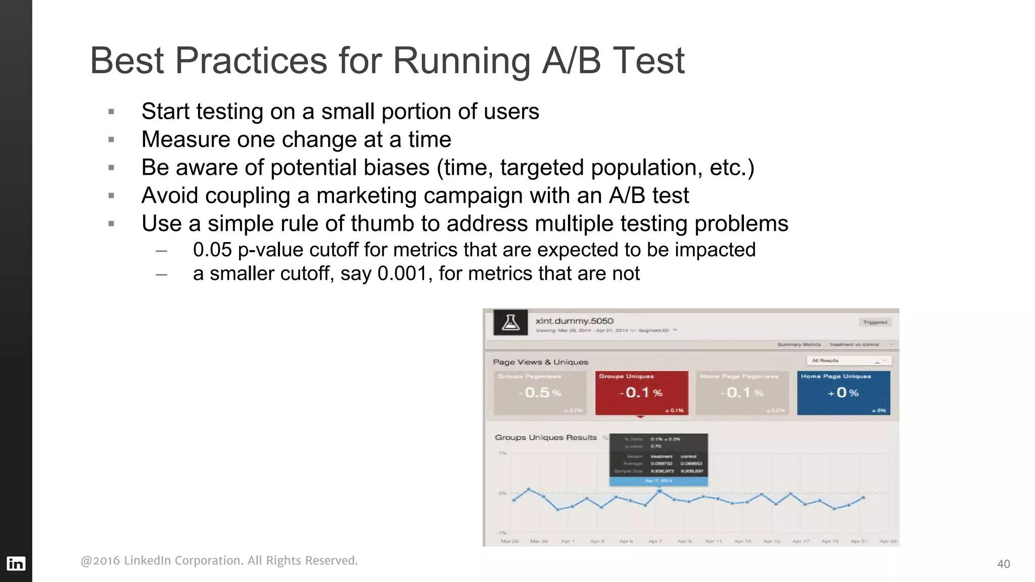 @2016 LinkedIn Corporation. All Rights Reserved.
Best Practices for Running A/B Test
▪ Start testing on a small portion of users
▪ Measure one change at a time
▪ Be aware of potential biases (time, targeted population, etc.)
▪ Avoid coupling a marketing campaign with an A/B test
▪ Use a simple rule of thumb to address multiple testing problems
– 0.05 p-value cutoff for metrics that are expected to be impacted
– a smaller cutoff, say 0.001, for metrics that are not
40
 
