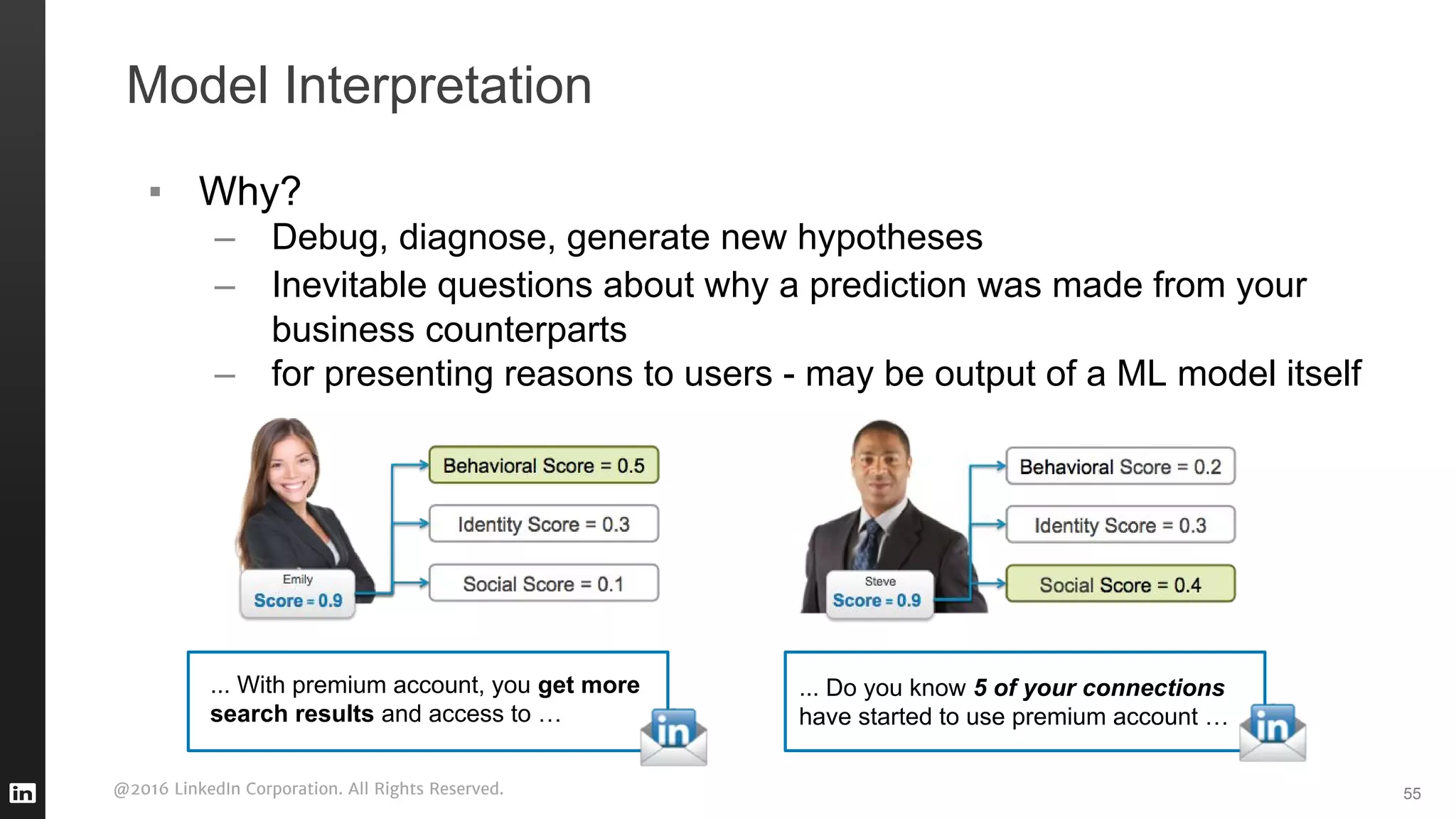 @2016 LinkedIn Corporation. All Rights Reserved.
Model Interpretation
▪ Why?
– Debug, diagnose, generate new hypotheses
– Inevitable questions about why a prediction was made from your
business counterparts
– for presenting reasons to users - may be output of a ML model itself
55
... With premium account, you get more
search results and access to …
... Do you know 5 of your connections
have started to use premium account …
 