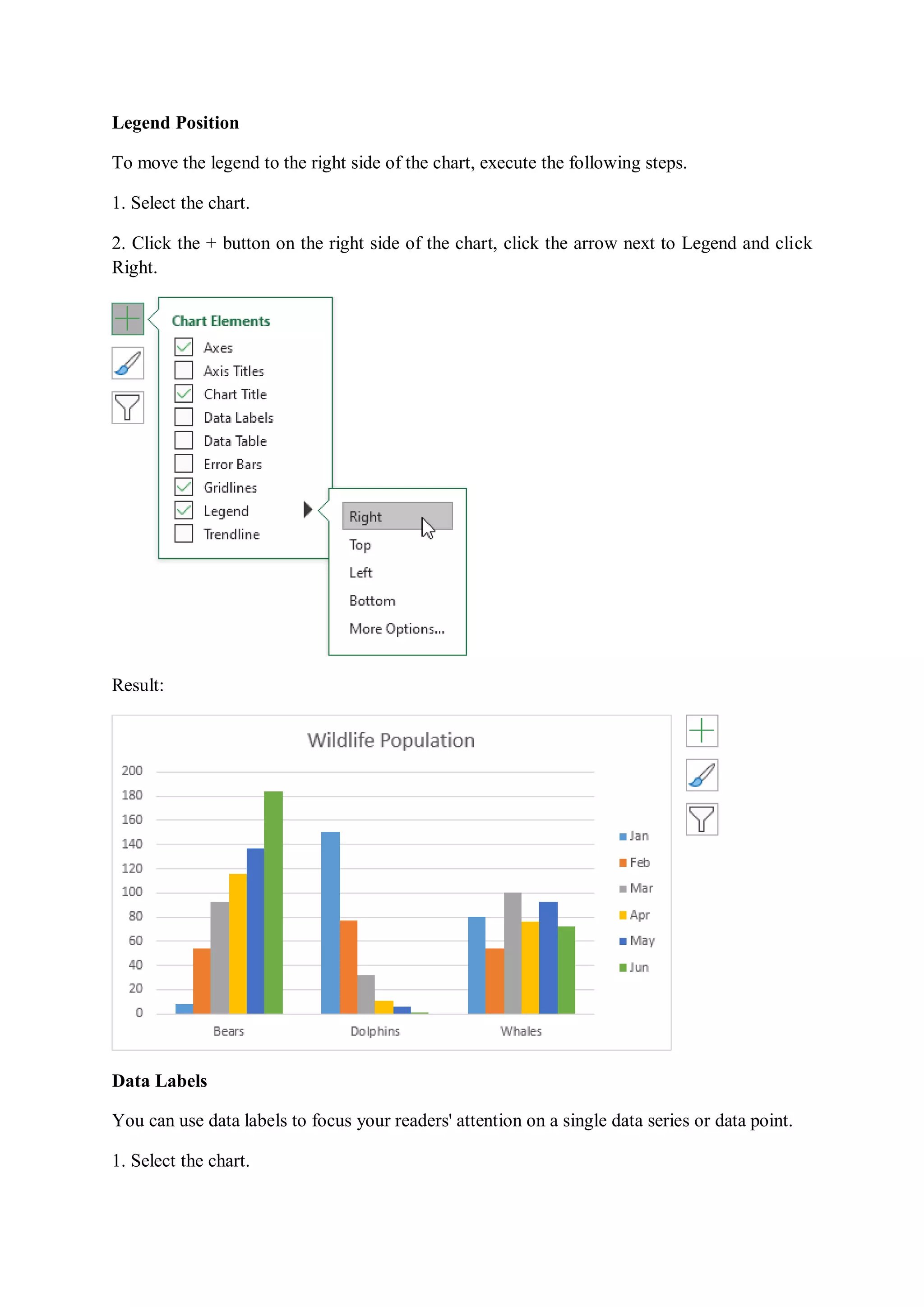 Legend Position
To move the legend to the right side of the chart, execute the following steps.
1. Select the chart.
2. Click the + button on the right side of the chart, click the arrow next to Legend and click
Right.
Result:
Data Labels
You can use data labels to focus your readers' attention on a single data series or data point.
1. Select the chart.
 