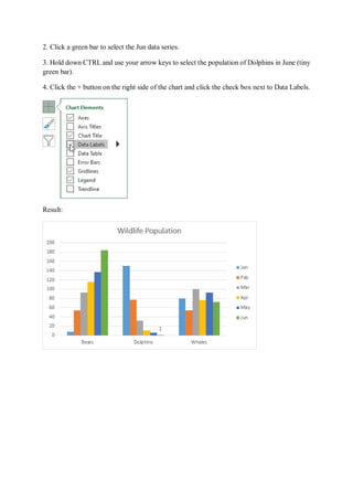 2. Click a green bar to select the Jun data series.
3. Hold down CTRL and use your arrow keys to select the population of Dolphins in June (tiny
green bar).
4. Click the + button on the right side of the chart and click the check box next to Data Labels.
Result:
 