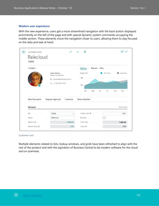 Back to Contents 125
Business Applications Release Notes – October ’18 Version 18.2.1
Modern user experience
With the new experience, users get a more streamlined navigation with the back button displayed
prominently on the left of the page and with special dynamic system commands occupying the
middle section. These elements move the navigation closer to users, allowing them to stay focused
on the data and task at hand.
Customer card
Multiple elements related to lists, lookup windows, and grids have been refreshed to align with the
rest of the product and with the aspiration of Business Central to be modern software for the cloud
and on-premises.
 