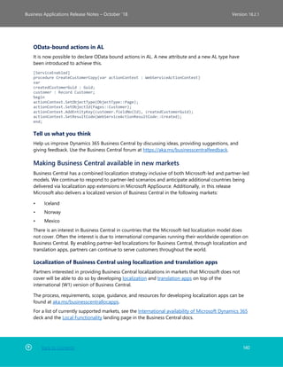 Back to Contents 140
Business Applications Release Notes – October ’18 Version 18.2.1
OData-bound actions in AL
It is now possible to declare OData bound actions in AL. A new attribute and a new AL type have
been introduced to achieve this.
[ServiceEnabled]
procedure CreateCustomerCopy(var actionContext : WebServiceActionContext)
var
createdCustomerGuid : Guid;
customer : Record Customer;
begin
actionContext.SetObjectType(ObjectType::Page);
actionContext.SetObjectId(Pages::Customer);
actionContext.AddEntityKey(customer.fieldNo(Id), createdCustomerGuid);
actionContext.SetResultCode(WebServiceActionResultCode::Created);
end;
Tell us what you think
Help us improve Dynamics 365 Business Central by discussing ideas, providing suggestions, and
giving feedback. Use the Business Central forum at https://aka.ms/businesscentralfeedback.
Making Business Central available in new markets
Business Central has a combined localization strategy inclusive of both Microsoft-led and partner-led
models. We continue to respond to partner-led scenarios and anticipate additional countries being
delivered via localization app extensions in Microsoft AppSource. Additionally, in this release
Microsoft also delivers a localized version of Business Central in the following markets:
• Iceland
• Norway
• Mexico
There is an interest in Business Central in countries that the Microsoft-led localization model does
not cover. Often the interest is due to international companies running their worldwide operation on
Business Central. By enabling partner-led localizations for Business Central, through localization and
translation apps, partners can continue to serve customers throughout the world.
Localization of Business Central using localization and translation apps
Partners interested in providing Business Central localizations in markets that Microsoft does not
cover will be able to do so by developing localization and translation apps on top of the
international (W1) version of Business Central.
The process, requirements, scope, guidance, and resources for developing localization apps can be
found at aka.ms/businesscentrallocapps.
For a list of currently supported markets, see the International availability of Microsoft Dynamics 365
deck and the Local Functionality landing page in the Business Central docs.
 