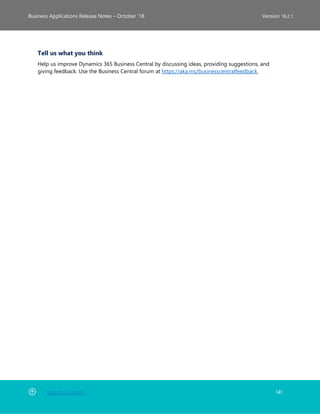 Back to Contents 141
Business Applications Release Notes – October ’18 Version 18.2.1
Tell us what you think
Help us improve Dynamics 365 Business Central by discussing ideas, providing suggestions, and
giving feedback. Use the Business Central forum at https://aka.ms/businesscentralfeedback.
 
