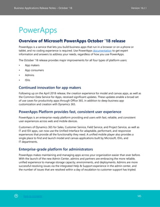 Back to Contents 145
Business Applications Release Notes – October ’18 Version 18.2.1
PowerApps
Overview of Microsoft PowerApps October '18 release
PowerApps is a service that lets you build business apps that run in a browser or on a phone or
tablet, and no coding experience is required. Use PowerApps documentation to get expert
information and answers to address your needs, regardless of how you use PowerApps.
The October '18 release provides major improvements for all four types of platform users:
• App makers
• App consumers
• Admins
• ISVs
Continued innovation for app makers
Following up on the April 2018 release, the creation experience for model and canvas apps, as well as
the Common Data Service for Apps, received significant updates. These updates enable a broad set
of use cases for productivity apps through Office 365, in addition to deep business app
customization and creation with Dynamics 365.
PowerApps Platform provides fast, consistent user experience
PowerApps is an enterprise-ready platform providing end users with fast, reliable, and consistent
user experiences across web and mobile devices.
Customers of Dynamics 365 for Sales, Customer Service, Field Service, and Project Service, as well as
IT and ISV apps, can now use the Unified Interface for adaptable, performant, and responsive
experiences that provide all the functionality they need. A unified mobile player also provides a
single place to find and launch model and canvas applications built by Microsoft, ISVs, and
IT departments.
Enterprise-grade platform for administrators
PowerApps makes maintaining and managing apps across your organization easier than ever before.
With the launch of the new Admin Center, admins and partners are embracing the more reliable,
unified experience to manage storage capacity, environments, and deployments. Admins are more
successful resolving issues via the integrated Help & Support experience in the admin center, and
the number of issues that are resolved within a day of escalation to customer support has tripled.
 
