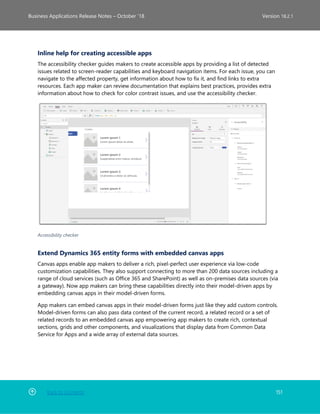 Back to Contents 151
Business Applications Release Notes – October ’18 Version 18.2.1
Inline help for creating accessible apps
The accessibility checker guides makers to create accessible apps by providing a list of detected
issues related to screen-reader capabilities and keyboard navigation items. For each issue, you can
navigate to the affected property, get information about how to fix it, and find links to extra
resources. Each app maker can review documentation that explains best practices, provides extra
information about how to check for color contrast issues, and use the accessibility checker.
Accessibility checker
Extend Dynamics 365 entity forms with embedded canvas apps
Canvas apps enable app makers to deliver a rich, pixel-perfect user experience via low-code
customization capabilities. They also support connecting to more than 200 data sources including a
range of cloud services (such as Office 365 and SharePoint) as well as on-premises data sources (via
a gateway). Now app makers can bring these capabilities directly into their model-driven apps by
embedding canvas apps in their model-driven forms.
App makers can embed canvas apps in their model-driven forms just like they add custom controls.
Model-driven forms can also pass data context of the current record, a related record or a set of
related records to an embedded canvas app empowering app makers to create rich, contextual
sections, grids and other components, and visualizations that display data from Common Data
Service for Apps and a wide array of external data sources.
 