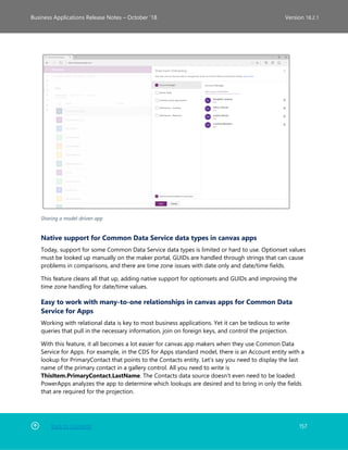 Back to Contents 157
Business Applications Release Notes – October ’18 Version 18.2.1
Sharing a model-driven app
Native support for Common Data Service data types in canvas apps
Today, support for some Common Data Service data types is limited or hard to use. Optionset values
must be looked up manually on the maker portal, GUIDs are handled through strings that can cause
problems in comparisons, and there are time zone issues with date only and date/time fields.
This feature cleans all that up, adding native support for optionsets and GUIDs and improving the
time zone handling for date/time values.
Easy to work with many-to-one relationships in canvas apps for Common Data
Service for Apps
Working with relational data is key to most business applications. Yet it can be tedious to write
queries that pull in the necessary information, join on foreign keys, and control the projection.
With this feature, it all becomes a lot easier for canvas app makers when they use Common Data
Service for Apps. For example, in the CDS for Apps standard model, there is an Account entity with a
lookup for PrimaryContact that points to the Contacts entity. Let's say you need to display the last
name of the primary contact in a gallery control. All you need to write is
ThisItem.PrimaryContact.LastName. The Contacts data source doesn't even need to be loaded.
PowerApps analyzes the app to determine which lookups are desired and to bring in only the fields
that are required for the projection.
 
