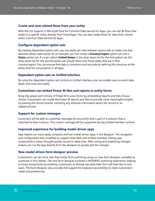Back to Contents 160
Business Applications Release Notes – October ’18 Version 18.2.1
Create and view related flows from your entity
With the rich support in Microsoft Flow for Common Data Service for Apps, you can see all flows that
relate to a specific entity directly from PowerApps. You can also create flows for data that's stored
within Common Data Service for Apps.
Configure dependent option sets
By creating dependent option sets, you can easily set rules between option sets to make sure that
selected values make sense. As an example, you can create a Country/region option set and a
States option set. If a user selects United States in the drop-down list for the first option set, the
drop-down list for the second option set should show only those states that are in that
country/region. You can ensure that data is consistent and accurate by defining this structure at the
entity level for consumption in all apps.
Dependent option sets on Unified Interface
By using the dependent option-set control on Unified Interface, you can enable users to enter data
faster and more accurately.
Customizers can embed Power BI tiles and reports in entity forms
Bring the power and richness of Power BI to your forms by embedding reports and tiles of your
choice. Customizers can model the Power BI reports and tiles to provide more meaningful insights
by passing the record context, including any attribute information about the record or its
related records.
Support for custom messages
Customers will be able to customize messages for any entity that is part of a solution that is
imported to their instance. This custom message will be supported during Unified Interface runtime
Improved experience for building model-driven apps
App makers can more easily compose and test model-driven apps in the designer. The navigation
and configuration was simplified to support both Web and Unified Interface. Editing app
components is easier through quicker access to deep links. After saving and publishing changes,
makers can run the app directly from the designer to quickly test the changes.
New model-driven form designer preview
Customizers can do more with their entity form authoring using our new form designer, available as
a preview in this release. The new form designer provides a WYSIWYG authoring experience, helping
to boost productivity by enabling customizers to directly see what their form will look like to end
users. The form designer also provides full support for keyboard accessibility to meet customizers'
needs and preferences.
 