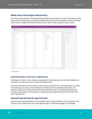 Back to Contents 161
Business Applications Release Notes – October ’18 Version 18.2.1
Model-driven view designer enhancements
An improved view designer within PowerApps will allow app customizers to see a live preview as they
apply advanced filtering and sorting logic. Additionally, we are adding simplified sorting and sorting
via the column headers like SharePoint and Excel to make it faster to get the view you want.
View designer
Improvements in end-user experiences
PowerApps is a best-in-class, enterprise-ready platform providing end users with fast, reliable, and
consistent user experiences across web and mobile devices.
Customers of Dynamics 365 for Sales, Customer Service, Field Service, and Project Service, as well as
IT and ISV apps, can now use the Unified Client Interface (UCI) for adaptable, performant, and
responsive experiences that provide all the functionality they need. A unified mobile player also
provides a single place to find and launch model and canvas applications built by Microsoft, ISVs,
and IT departments.
Improved app discovery for app consumers
App consumers can be productive more quickly by discovering, previewing, and running their own
and their org's model-driven and canvas apps through a unified landing page on PowerApps.
 