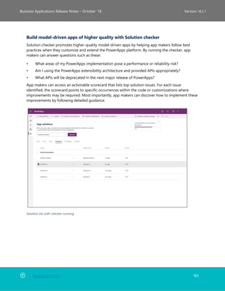 Back to Contents 163
Business Applications Release Notes – October ’18 Version 18.2.1
Build model-driven apps of higher quality with Solution checker
Solution checker promotes higher-quality model-driven apps by helping app makers follow best
practices when they customize and extend the PowerApps platform. By running the checker, app
makers can answer questions such as these:
• What areas of my PowerApps implementation pose a performance or reliability risk?
• Am I using the PowerApps extensibility architecture and provided APIs appropriately?
• What APIs will be deprecated in the next major release of PowerApps?
App makers can access an actionable scorecard that lists top solution issues. For each issue
identified, the scorecard points to specific occurrences within the code or customizations where
improvements may be required. Most importantly, app makers can discover how to implement these
improvements by following detailed guidance.
Solution list with checker running
 