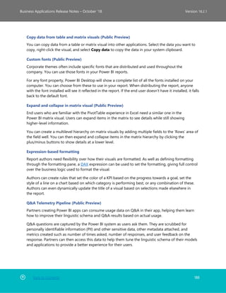 Back to Contents 188
Business Applications Release Notes – October ’18 Version 18.2.1
Copy data from table and matrix visuals (Public Preview)
You can copy data from a table or matrix visual into other applications. Select the data you want to
copy, right-click the visual, and select Copy data to copy the data in your system clipboard.
Custom fonts (Public Preview)
Corporate themes often include specific fonts that are distributed and used throughout the
company. You can use those fonts in your Power BI reports.
For any font property, Power BI Desktop will show a complete list of all the fonts installed on your
computer. You can choose from these to use in your report. When distributing the report, anyone
with the font installed will see it reflected in the report. If the end user doesn't have it installed, it falls
back to the default font.
Expand and collapse in matrix visual (Public Preview)
End users who are familiar with the PivotTable experience in Excel need a similar one in the
Power BI matrix visual. Users can expand items in the matrix to see details while still showing
higher-level information.
You can create a multilevel hierarchy on matrix visuals by adding multiple fields to the ‘Rows’ area of
the field well. You can then expand and collapse items in the matrix hierarchy by clicking the
plus/minus buttons to show details at a lower level.
Expression-based formatting
Report authors need flexibility over how their visuals are formatted. As well as defining formatting
through the formatting pane, a DAX expression can be used to set the formatting, giving full control
over the business logic used to format the visual.
Authors can create rules that set the color of a KPI based on the progress towards a goal, set the
style of a line on a chart based on which category is performing best, or any combination of these.
Authors can even dynamically update the title of a visual based on selections made elsewhere in
the report.
Q&A Telemetry Pipeline (Public Preview)
Partners creating Power BI apps can consume usage data on Q&A in their app, helping them learn
how to improve their linguistic schema and Q&A results based on actual usage.
Q&A questions are captured by the Power BI system as users ask them. They are scrubbed for
personally identifiable information (PII) and other sensitive data, other metadata attached, and
metrics created such as number of times asked, number of responses, and user feedback on the
response. Partners can then access this data to help them tune the linguistic schema of their models
and applications to provide a better experience for their users.
 