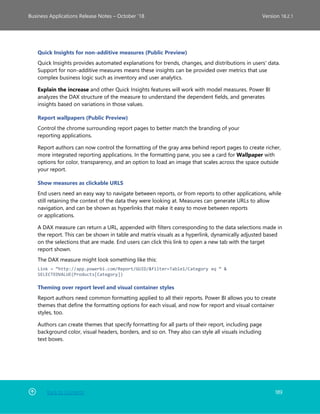 Back to Contents 189
Business Applications Release Notes – October ’18 Version 18.2.1
Quick Insights for non-additive measures (Public Preview)
Quick Insights provides automated explanations for trends, changes, and distributions in users' data.
Support for non-additive measures means these insights can be provided over metrics that use
complex business logic such as inventory and user analytics.
Explain the increase and other Quick Insights features will work with model measures. Power BI
analyzes the DAX structure of the measure to understand the dependent fields, and generates
insights based on variations in those values.
Report wallpapers (Public Preview)
Control the chrome surrounding report pages to better match the branding of your
reporting applications.
Report authors can now control the formatting of the gray area behind report pages to create richer,
more integrated reporting applications. In the formatting pane, you see a card for Wallpaper with
options for color, transparency, and an option to load an image that scales across the space outside
your report.
Show measures as clickable URLS
End users need an easy way to navigate between reports, or from reports to other applications, while
still retaining the context of the data they were looking at. Measures can generate URLs to allow
navigation, and can be shown as hyperlinks that make it easy to move between reports
or applications.
A DAX measure can return a URL, appended with filters corresponding to the data selections made in
the report. This can be shown in table and matrix visuals as a hyperlink, dynamically adjusted based
on the selections that are made. End users can click this link to open a new tab with the target
report shown.
The DAX measure might look something like this:
Link = “http://app.powerbi.com/Report/GUID/&filter=Table1/Category eq “ &
SELECTEDVALUE(Products[Category])
Theming over report level and visual container styles
Report authors need common formatting applied to all their reports. Power BI allows you to create
themes that define the formatting options for each visual, and now for report and visual container
styles, too.
Authors can create themes that specify formatting for all parts of their report, including page
background color, visual headers, borders, and so on. They also can style all visuals including
text boxes.
 
