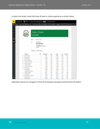 Back to Contents 197
Business Applications Release Notes – October ’18 Version 18.2.1
A report will render inside the Power BI web or mobile experience as shown below.
Paginated reports are managed in Power BI workspaces alongside existing Power BI reports.
 