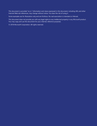 This document is provided “as-is.” Information and views expressed in this document, including URL and other
Internet Web site references, may change without notice. You bear the risk of using it.
Some examples are for illustration only and are fictitious. No real association is intended or inferred.
This document does not provide you with any legal rights to any intellectual property in any Microsoft product.
You may copy and use this document for your internal, reference purposes.
© 2018 Microsoft Corporation. All rights reserved.
 