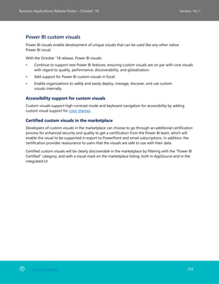 Back to Contents 204
Business Applications Release Notes – October ’18 Version 18.2.1
Power BI custom visuals
Power BI visuals enable development of unique visuals that can be used like any other native
Power BI visual.
With the October '18 release, Power BI visuals:
• Continue to support new Power BI features, ensuring custom visuals are on par with core visuals
with regard to quality, performance, discoverability, and globalization.
• Add support for Power BI custom visuals in Excel.
• Enable organizations to safely and easily deploy, manage, discover, and use custom
visuals internally.
Accessibility support for custom visuals
Custom visuals support high-contrast mode and keyboard navigation for accessibility by adding
custom visual support for color themes.
Certified custom visuals in the marketplace
Developers of custom visuals in the marketplace can choose to go through an additional certification
process for enhanced security and quality to get a certification from the Power BI team, which will
enable the visual to be supported in export to PowerPoint and email subscriptions. In addition, the
certification provides reassurance to users that the visuals are safe to use with their data.
Certified custom visuals will be clearly discoverable in the marketplace by filtering with the “Power BI
Certified” category, and with a visual mark on the marketplace listing, both in AppSource and in the
integrated UI.
 