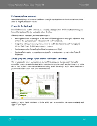 Back to Contents 207
Business Applications Release Notes – October ’18 Version 18.2.1
Performance improvements
We will be bringing custom visual load times for single visuals and multi-visuals to be in the same
order of magnitude as core visuals.
Power BI Embedded
Power BI Embedded enables software as a service (SaaS) application developers to seamlessly add
Power BI analytics within the applications they develop.
With the October '18 release, Power BI Embedded is:
• Making embedded analytics part of the main flow of an application through a set of APIs that
enhance the application user’s interaction with analytical objects.
• Integrating with Azure capacity management to enable developers to easily manage and
control their Power BI objects or resources in Azure.
• Adding automation for application lifecycle management (ALM).
• Adding a faster, easier onboarding experience for new developers to start using Power BI
Embedded.
API to apply and change report themes in Power BI Embedded
This new capability allows applications to call an API to apply and change report themes for
embedded objects on a session level. With report themes, you can apply a color theme to an entire
report, such as corporate colors, or seasonal coloring. When you apply a report theme, all visuals in
your report use the colors from your selected theme.
Applying a report theme requires a JSON file, which you can import into the Power BI Desktop and
apply to your report.
 