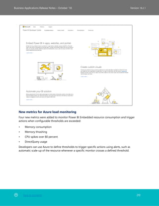 Back to Contents 210
Business Applications Release Notes – October ’18 Version 18.2.1
New metrics for Azure load monitoring
Four new metrics were added to monitor Power BI Embedded resource consumption and trigger
actions when configurable thresholds are exceeded:
• Memory consumption
• Memory thrashing
• CPU spikes over 80 percent
• DirectQuery usage
Developers can use Azure to define thresholds to trigger specific actions using alerts, such as
automatic scale-up of the resource whenever a specific monitor crosses a defined threshold.
 