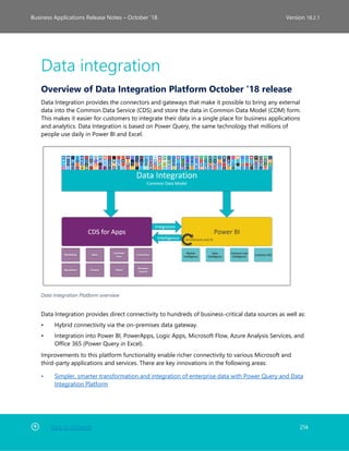 Back to Contents 214
Business Applications Release Notes – October ’18 Version 18.2.1
Data integration
Overview of Data Integration Platform October '18 release
Data Integration provides the connectors and gateways that make it possible to bring any external
data into the Common Data Service (CDS) and store the data in Common Data Model (CDM) form.
This makes it easier for customers to integrate their data in a single place for business applications
and analytics. Data Integration is based on Power Query, the same technology that millions of
people use daily in Power BI and Excel.
Data Integration Platform overview
Data Integration provides direct connectivity to hundreds of business-critical data sources as well as:
• Hybrid connectivity via the on-premises data gateway.
• Integration into Power BI, PowerApps, Logic Apps, Microsoft Flow, Azure Analysis Services, and
Office 365 (Power Query in Excel).
Improvements to this platform functionality enable richer connectivity to various Microsoft and
third-party applications and services. There are key innovations in the following areas:
• Simpler, smarter transformation and integration of enterprise data with Power Query and Data
Integration Platform
 