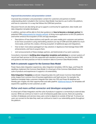 Back to Contents 227
Business Applications Release Notes – October ’18 Version 18.2.1
Improved documentation and presentation content
Improved documentation and presentation content for customers and partners to better
understanding what’s included in the Common Data Model, how best to use it within the platform,
and how to customize it in a way that follows the CDM best practices.
Discussion forums are also being set up to support a community for application, data model, and
data integration template developers.
In addition, partners will be able to find clear guidance on how to become a strategic partner for
potential CDM enhancements for industry verticals, to bring more applications to the CDS platforms
and further enhance the ecosystem of ISVs and app developers.
• Descriptions of how these solutions and specific use cases enable joint customers and partners
to be more successful in using and building solutions (on top of CDM and CDS platforms) much
more easily, and how this creates a thriving ecosystem of additional apps and integrations.
• How to learn more about packaged turn-key solutions in AppSource that leverage these CDM
enhancements, and how to acquire them.
• Joint announcements of these strategic partners, and testimonials of our joint customers.
Consultants interested in building data integration templates and solutions to connect systems of
record and SaaS services to CDS are supported with standard connectors, the Data Connector SDK,
and guidance and best practices on how to transform data to Common Data Model entities.
Built-in automatic support for the Common Data Model
Power Query data integration experiences, data integration templates, CDS for Apps, and Power BI
dataflows implement the Common Data Model. A critical part of the Common Data Model and the
suite of products and experiences it supports is its extensibility.
Data Integration Templates accelerate integrating data into well-known Common Data Model
entity shapes from common line-of-business applications and SaaS services. For example, the
Salesforce template helps customers integrate their data into CDS and Power BI dataflows and
thereby gain insights into their opportunities and sales pipeline. Additional features for templates will
expand this capability to end customers as well.
Richer and more unified connector and developer ecosystem
A critical part of Data Integration and the suite of products it supports is connectivity to external data
sources. While we continue to invest in a set of enterprise grade data sources, there are a growing
number of databases and services many users come to depend on outside of that set. To ensure our
users can connect to the data they need, we continue to invest in our extensibility points throughout
the platform.
 