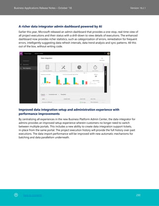 Back to Contents 230
Business Applications Release Notes – October ’18 Version 18.2.1
A richer data integrator admin dashboard powered by AI
Earlier this year, Microsoft released an admin dashboard that provides a one-stop, real-time view of
all project executions and their status with a drill-down to view details of executions. The enhanced
dashboard now provides richer statistics, such as categorization of errors, remediation for frequent
errors, intelligently suggesting data refresh intervals, data trend analysis and sync patterns. All this
out of the box, without writing code.
Improved data integration setup and administration experience with
performance improvements
By centralizing all experiences in the new Business Platform Admin Center, the data integrator for
admins provides an improved setup experience wherein customers no longer need to switch
between multiple portals. This includes a new ability to create data integration support tickets,
in-place from the same portal. The project execution history will provide the full history over past
executions. The data import performance will be improved with new automatic mechanisms for
batching and data parallelism underneath.
 