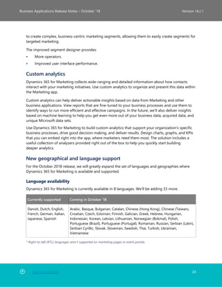 Back to Contents 24
Business Applications Release Notes – October ’18 Version 18.2.1
to create complex, business-centric marketing segments, allowing them to easily create segments for
targeted marketing.
The improved segment designer provides:
• More operators.
• Improved user interface performance.
Custom analytics
Dynamics 365 for Marketing collects wide-ranging and detailed information about how contacts
interact with your marketing initiatives. Use custom analytics to organize and present this data within
the Marketing app.
Custom analytics can help deliver actionable insights based on data from Marketing and other
business applications. View reports that are fine-tuned to your business processes and use them to
identify ways to run more efficient and effective campaigns. In the future, we'll also deliver insights
based on machine learning to help you get even more out of your business data, acquired data, and
unique Microsoft data sets.
Use Dynamics 365 for Marketing to build custom analytics that support your organization's specific
business processes, drive good decision making, and deliver results. Design charts, graphs, and KPIs
that you can embed right into the app, where marketers need them most. The solution includes a
useful collection of analyzers provided right out of the box to help you quickly start building
deeper analytics.
New geographical and language support
For the October 2018 release, we will greatly expand the set of languages and geographies where
Dynamics 365 for Marketing is available and supported.
Language availability
Dynamics 365 for Marketing is currently available in 8 languages. We'll be adding 33 more.
Currently supported Coming in October '18
Danish, Dutch, English,
French, German, Italian,
Japanese, Spanish
Arabic, Basque, Bulgarian, Catalan, Chinese (Hong Kong), Chinese (Taiwan),
Croatian, Czech, Estonian, Finnish, Galician, Greek, Hebrew, Hungarian,
Indonesian, Korean, Latvian, Lithuanian, Norwegian (Bokmal), Polish,
Portuguese (Brazil), Portuguese (Portugal), Romanian, Russian, Serbian (Latin),
Serbian Cyrillic, Slovak, Slovenian, Swedish, Thai, Turkish, Ukrainian,
Vietnamese
* Right-to-left (RTL) languages aren't supported on marketing pages or event portals.
 