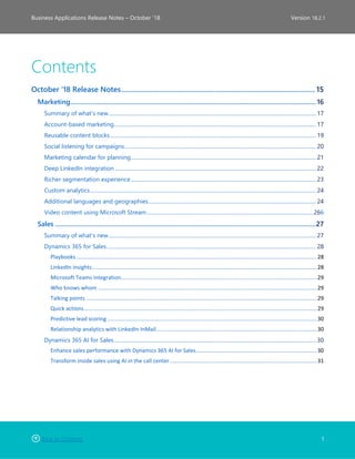 Back to Contents 1
Business Applications Release Notes – October ’18 Version 18.2.1
Contents
October '18 Release Notes........................................................................................................... 15
Marketing................................................................................................................................................... 16
Summary of what's new............................................................................................................................................................. 17
Account-based marketing......................................................................................................................................................... 17
Reusable content blocks............................................................................................................................................................ 19
Social listening for campaigns................................................................................................................................................. 20
Marketing calendar for planning............................................................................................................................................ 21
Deep LinkedIn integration ........................................................................................................................................................ 22
Richer segmentation experience............................................................................................................................................ 23
Custom analytics........................................................................................................................................................................... 24
Additional languages and geographies............................................................................................................................... 24
Video content using Microsoft Stream..............................................................................................................................266
Sales ............................................................................................................................................................27
Summary of what's new............................................................................................................................................................. 27
Dynamics 365 for Sales .............................................................................................................................................................. 28
Playbooks .............................................................................................................................................................28
LinkedIn insights...................................................................................................................................................28
Microsoft Teams integration................................................................................................................................29
Who knows whom ...............................................................................................................................................29
Talking points.......................................................................................................................................................29
Quick actions........................................................................................................................................................29
Predictive lead scoring .........................................................................................................................................30
Relationship analytics with LinkedIn InMail.........................................................................................................30
Dynamics 365 AI for Sales......................................................................................................................................................... 30
Enhance sales performance with Dynamics 365 AI for Sales...............................................................................30
Transform inside sales using AI in the call center................................................................................................31
 