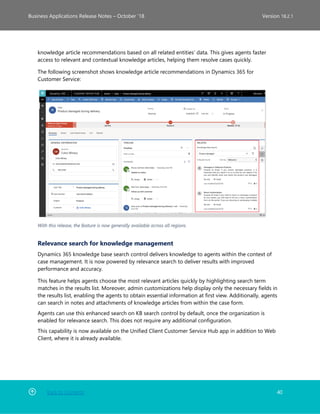 Back to Contents 40
Business Applications Release Notes – October ’18 Version 18.2.1
knowledge article recommendations based on all related entities’ data. This gives agents faster
access to relevant and contextual knowledge articles, helping them resolve cases quickly.
The following screenshot shows knowledge article recommendations in Dynamics 365 for
Customer Service:
With this release, the feature is now generally available across all regions.
Relevance search for knowledge management
Dynamics 365 knowledge base search control delivers knowledge to agents within the context of
case management. It is now powered by relevance search to deliver results with improved
performance and accuracy.
This feature helps agents choose the most relevant articles quickly by highlighting search term
matches in the results list. Moreover, admin customizations help display only the necessary fields in
the results list, enabling the agents to obtain essential information at first view. Additionally, agents
can search in notes and attachments of knowledge articles from within the case form.
Agents can use this enhanced search on KB search control by default, once the organization is
enabled for relevance search. This does not require any additional configuration.
This capability is now available on the Unified Client Customer Service Hub app in addition to Web
Client, where it is already available.
 