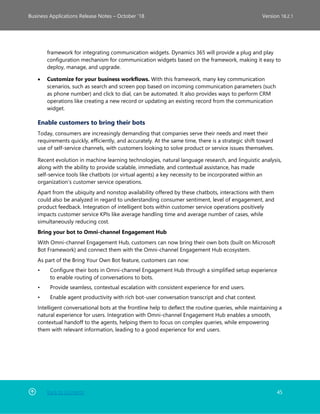 Back to Contents 45
Business Applications Release Notes – October ’18 Version 18.2.1
framework for integrating communication widgets. Dynamics 365 will provide a plug and play
configuration mechanism for communication widgets based on the framework, making it easy to
deploy, manage, and upgrade.
• Customize for your business workflows. With this framework, many key communication
scenarios, such as search and screen pop based on incoming communication parameters (such
as phone number) and click to dial, can be automated. It also provides ways to perform CRM
operations like creating a new record or updating an existing record from the communication
widget.
Enable customers to bring their bots
Today, consumers are increasingly demanding that companies serve their needs and meet their
requirements quickly, efficiently, and accurately. At the same time, there is a strategic shift toward
use of self-service channels, with customers looking to solve product or service issues themselves.
Recent evolution in machine learning technologies, natural language research, and linguistic analysis,
along with the ability to provide scalable, immediate, and contextual assistance, has made
self-service tools like chatbots (or virtual agents) a key necessity to be incorporated within an
organization’s customer service operations.
Apart from the ubiquity and nonstop availability offered by these chatbots, interactions with them
could also be analyzed in regard to understanding consumer sentiment, level of engagement, and
product feedback. Integration of intelligent bots within customer service operations positively
impacts customer service KPIs like average handling time and average number of cases, while
simultaneously reducing cost.
Bring your bot to Omni-channel Engagement Hub
With Omni-channel Engagement Hub, customers can now bring their own bots (built on Microsoft
Bot Framework) and connect them with the Omni-channel Engagement Hub ecosystem.
As part of the Bring Your Own Bot feature, customers can now:
• Configure their bots in Omni-channel Engagement Hub through a simplified setup experience
to enable routing of conversations to bots.
• Provide seamless, contextual escalation with consistent experience for end users.
• Enable agent productivity with rich bot-user conversation transcript and chat context.
Intelligent conversational bots at the frontline help to deflect the routine queries, while maintaining a
natural experience for users. Integration with Omni-channel Engagement Hub enables a smooth,
contextual handoff to the agents, helping them to focus on complex queries, while empowering
them with relevant information, leading to a good experience for end users.
 