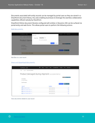 Back to Contents 50
Business Applications Release Notes – October ’18 Version 18.2.1
Documents associated with entity records can be managed by portal users as they are stored in a
SharePoint document library, thus also enabling businesses to leverage the seamless collaboration
capabilities offered natively by SharePoint.
SharePoint Online document libraries configured with entities in Dynamics 365 can be surfaced via
portal entity and web forms. This allows portal users to perform the following actions:
Add documents
Add files to a case record
View and download documents
View documents related to case record
 