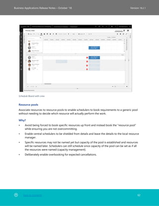 Back to Contents 62
Business Applications Release Notes – October ’18 Version 18.2.1
Schedule Board with crew
Resource pools
Associate resources to resource pools to enable schedulers to book requirements to a generic pool
without needing to decide which resource will actually perform the work.
Why?
• Avoid being forced to book specific resources up front and instead book the “resource pool”
while ensuring you are not overcommitting.
• Enable central schedulers to be shielded from details and leave the details to the local resource
manager.
• Specific resources may not be named yet but capacity of the pool is established and resources
will be named later. Schedulers can still schedule since capacity of the pool can be set as if all
the resources were named (capacity management).
• Deliberately enable overbooking for expected cancellations.
 
